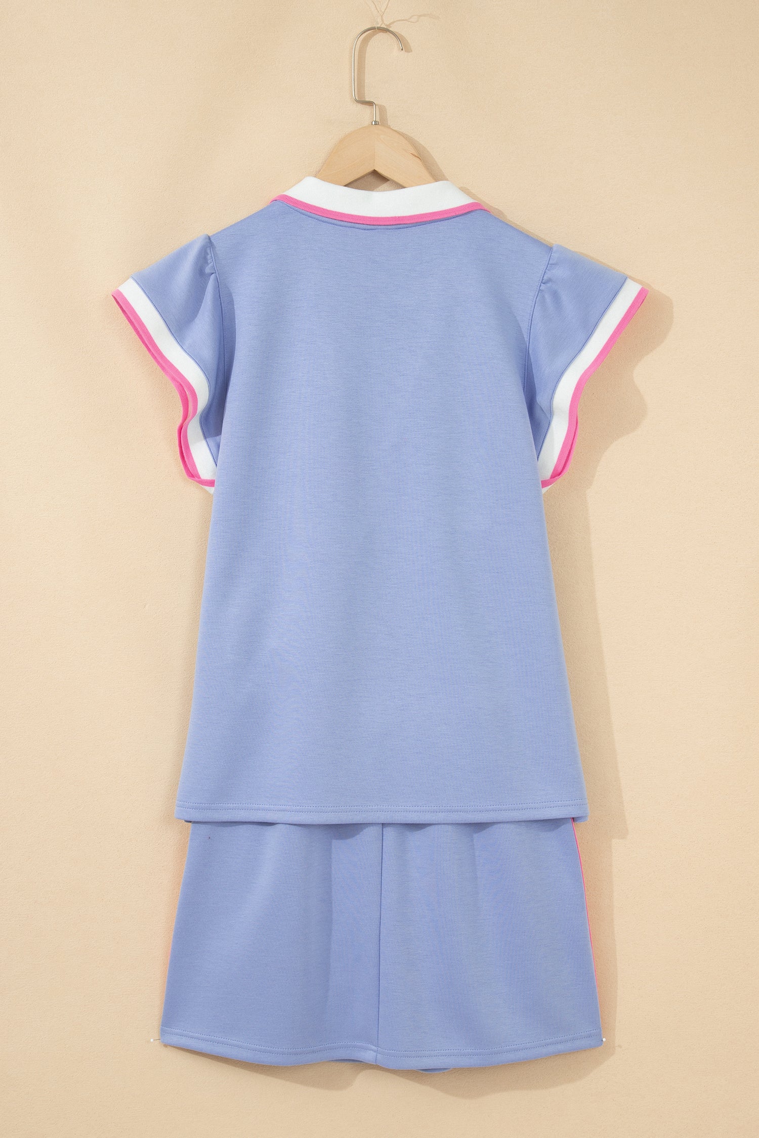 Preppy Striped Trim V Neck Polo Tee Drawstring Skirt Set