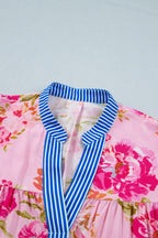 Multicolour Floral Striped Patchwork Trim Half Sleeve Mini Dress