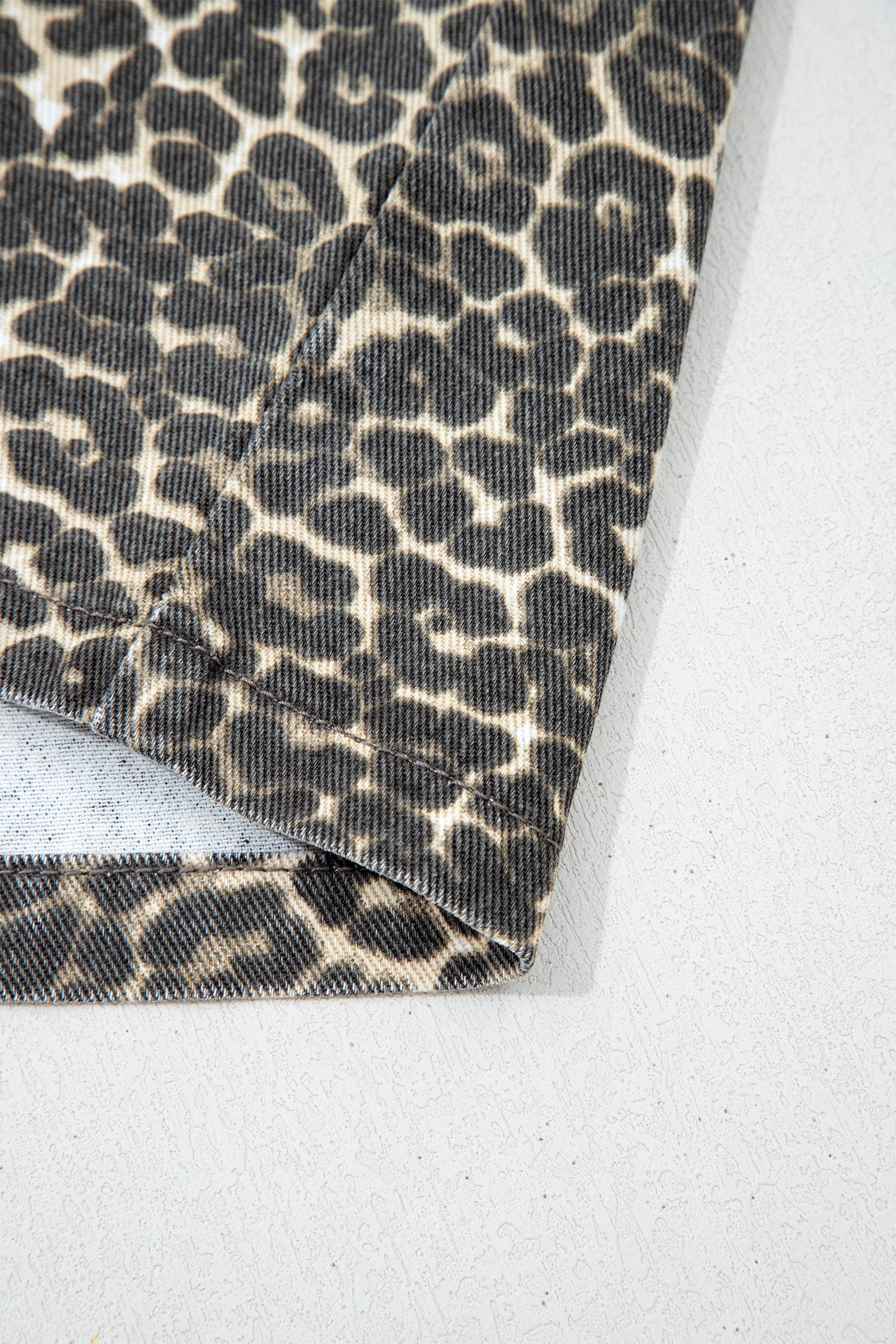 Grey Vintage Leopard Print Short Sleeve Loose Cotton Denim Shirt