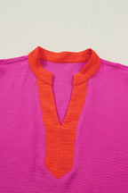 Rose Red Contrast V Neck Colorblock Wide Short Sleeve Top