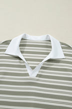 Green Stripe Collared V Neck Short Sleeve T Shirt Midi Dress with Pockets