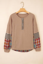Waffle Stripe Plaid Patchwork Henley Knit Top
