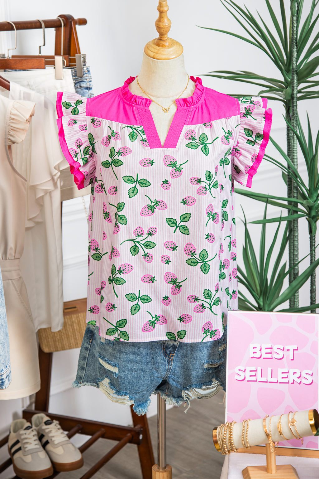 Pink Striped Strawberry Printed Color Block Patchwork V Neck Flutter Sleeve Blouse