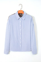 Sky Blue Stripe Contrasted Varsity Stripe Leopard Patchwork Button Down Shirt