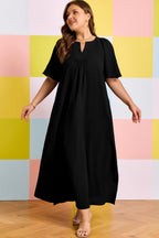 Black Plus Size Solid Color Notched Neck Short Sleeve Loose Dress