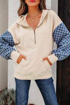 Checkered Patchwork Kangaroo Pocket Half Zipper Hoodie