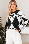 Bow Print 2-tone Rhombus Knit Loose Sweater