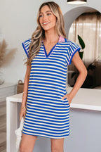 Stripe Print Contrast Collar Split Neck Flutter Sleeve Short Dress