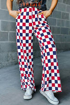 2-Tone Checked Print High Waist Wide Leg Pants