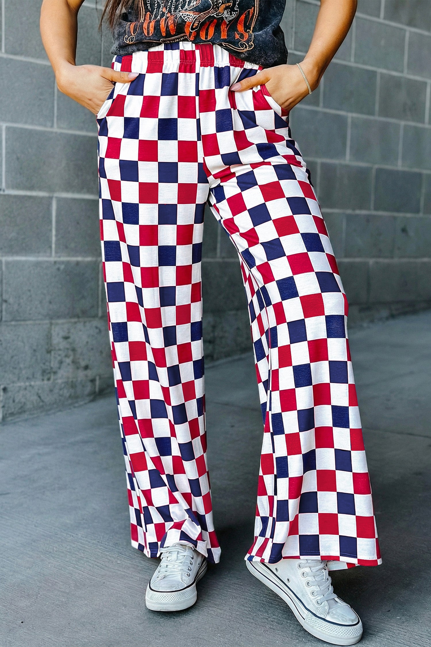 2-Tone Checked Print High Waist Wide Leg Pants