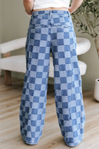 Checkered Denim Wide Leg Jeans