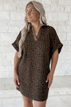Brown Leopard Print Contrast Collar V-Neck Mini Dress