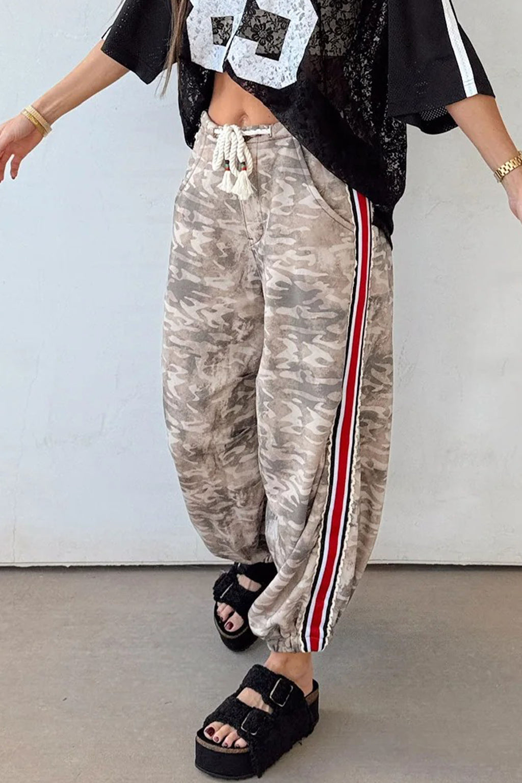 Camouflage Print Striped Side Panel Patchwork Drawstring Pants