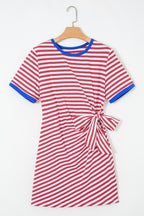 Striped Nautical Tie Contrast Trim Round Neck T Shirt Mini Dress