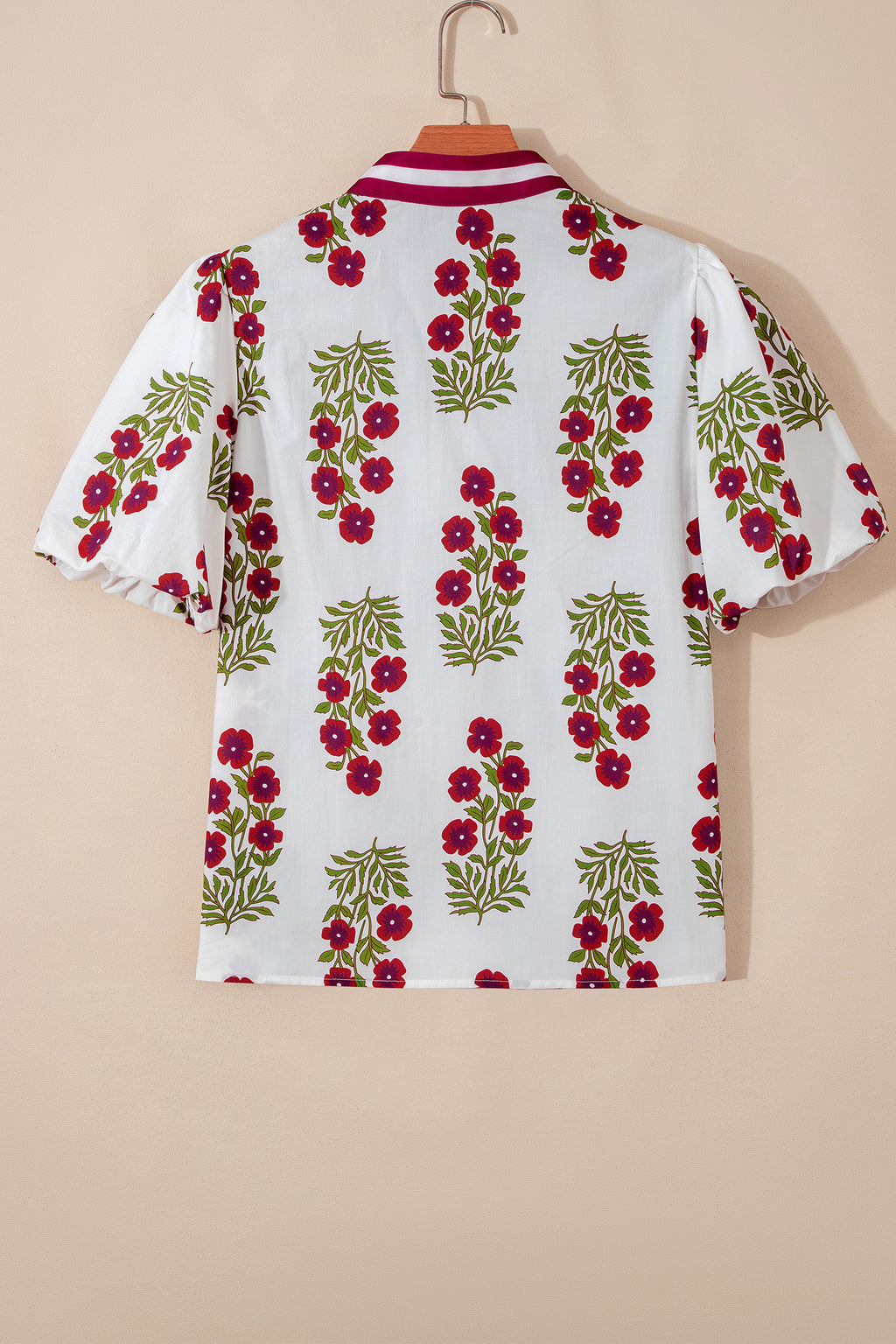 Floral Short Bubble Sleeve Contrast Slit Neckline Blouse
