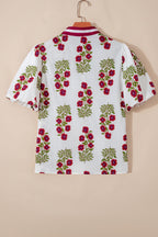 Floral Short Bubble Sleeve Contrast Slit Neckline Blouse