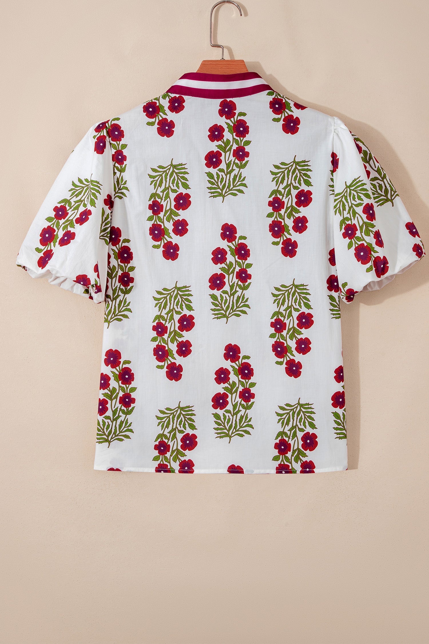 Floral Short Bubble Sleeve Contrast Slit Neckline Blouse