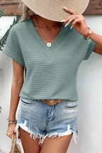 Textured Wide Sleeve V Neck T Shirt