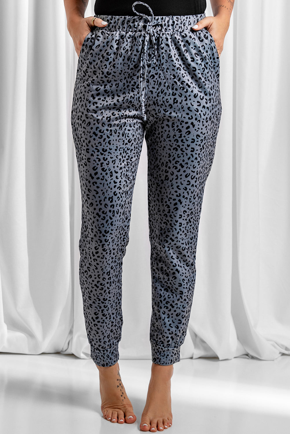 Grey Leopard Elastic Waist Casual Joggers