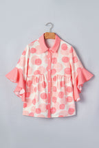 Pink Double Polka Dot Printed Ruffle Trim Short Sleeve Babydoll Shirt