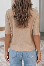 Beige High Neck Short Sleeve Knit Top Regular Wash Casual Style Sweater