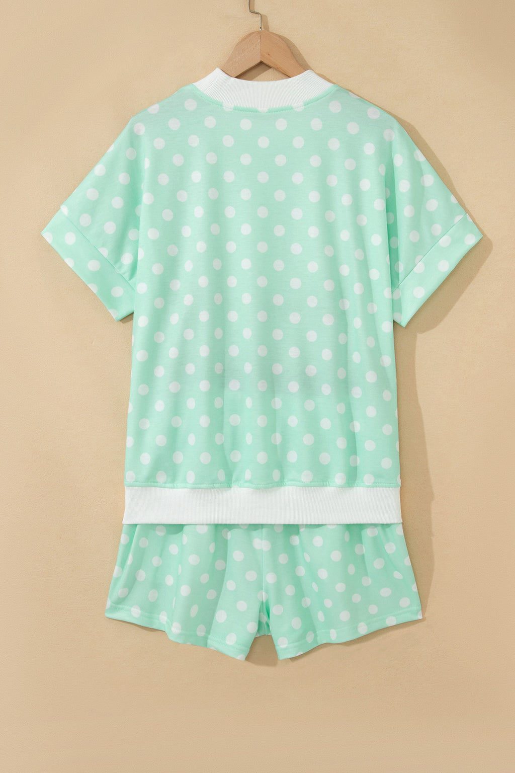 Polka Dot Print Color Block Trim Mock Neck Short Set