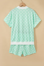 Polka Dot Print Color Block Trim Mock Neck Short Set