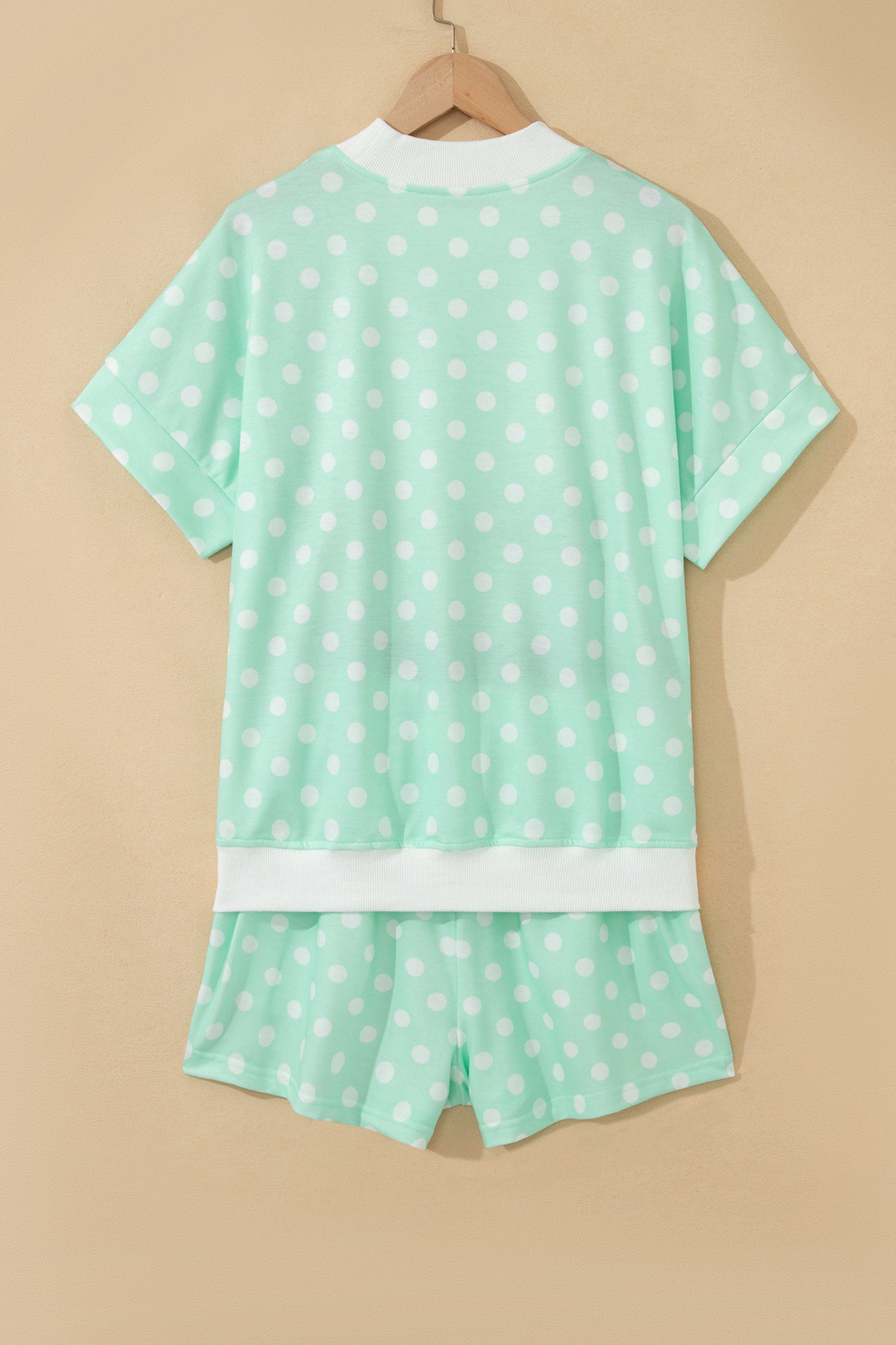 Polka Dot Print Color Block Trim Mock Neck Short Set