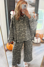 Leopard Print Raw Seam Patchwork Pullover Drawstring Loose Pant Set