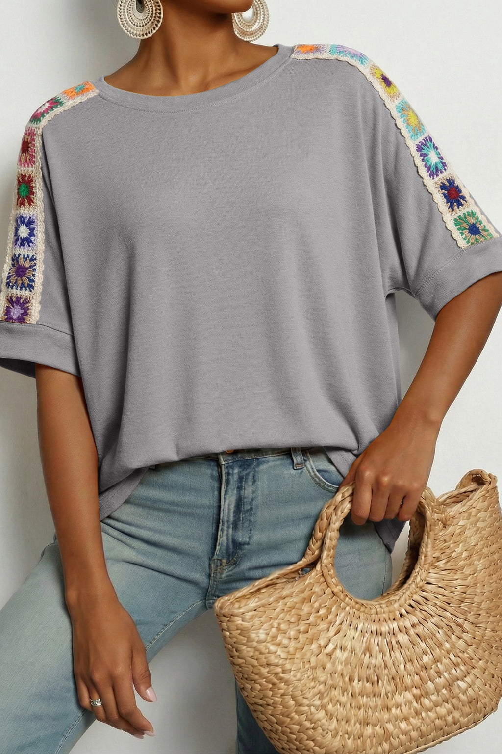 Granny Square Crochet Detail Loose T Shirt