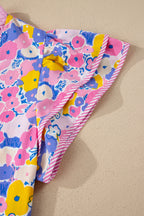 Pink Playful Floral Print Striped Color Block Patchwork V Neck Flutter Sleeve Blouse