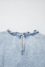 Beau Blue Ruffle Pleated Detail Vintage Washed Denim Top