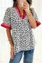Gray Ruffled Trim V Neck Leopard Print Short Sleeve Blouse