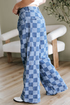 Checkered Denim Wide Leg Jeans