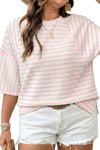 Striped Plus Size Textured Patchwork Detail Half Sleeve Top