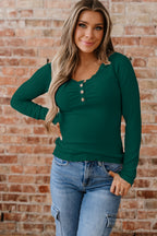 Lace Neckline Button Decor Lettuce Edge Long Sleeve Ribbed Top