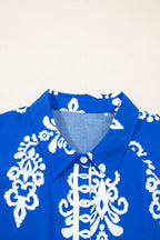 Blue Ethnic Geometric Print Collared Button Front Short Puff Sleeve Mini Dress