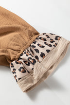 Contrast Leopard Print Patchwork Polo Collar Buttons Front Ruffled Long Sleeve Blouse