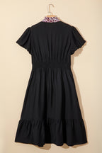 Black Leopard V Neck Patchwork Smocked Waist Plus Size Ruffled Dress
