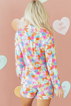 Pink Valentines Candy Heart V Neck Collared Tunic Shirt and Shorts 2pcs Pyjama Set
