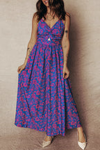 Blue Floral Print Twisted V Neck Tied Backless Maxi Dress