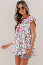 Sunflower Printed Contrast Trim V Neck Flutter Sleeve Blouse