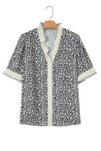 Black Plus Leopard Print Striped Color Block Trim Frilled V Neck Short Sleeve Blouse