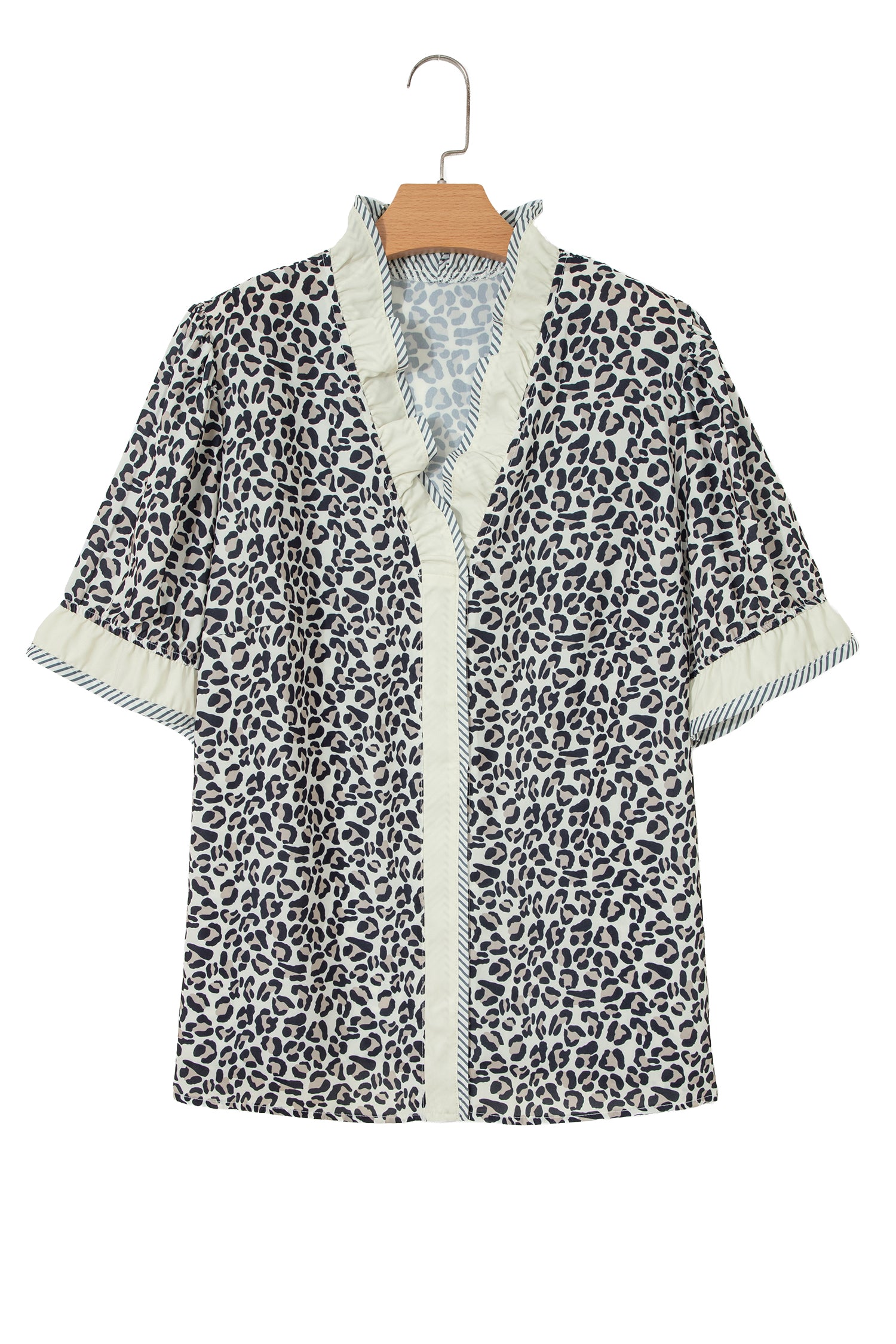 Black Plus Leopard Print Striped Color Block Trim Frilled V Neck Short Sleeve Blouse