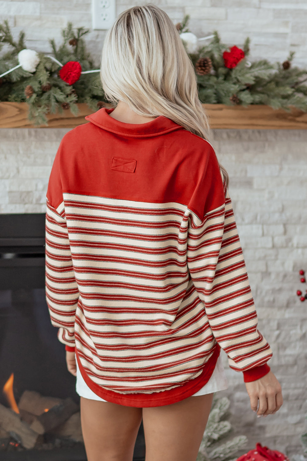 Striped Buttoned V Neck Collared Drop Shoulder Top