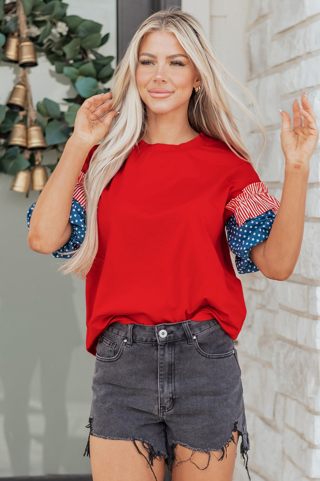 Beau Blue Stars Stripes Short Puff Sleeve Top