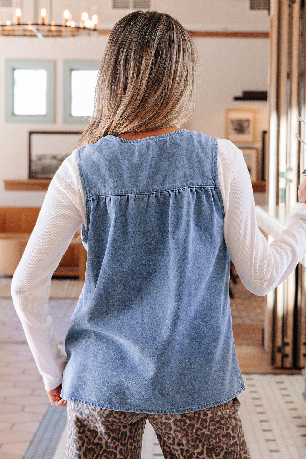 Myosotis Denim Pleated Patchwork Sleeveless Top