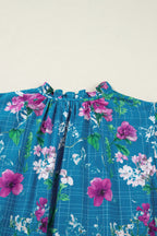 Blue Floral Flutter Sleeve Button Tie Split Neck Belted Long Dress
