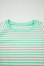 Green Stripe Colorblock Trim Round Neck Short Sleeve Tee
