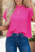 Bright Pink Solid Color Lightweight Ribbed Knit Mock Neck Sweater